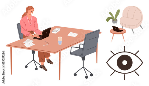 Professional woman at desk using laptop, documents, water glass, potted plant, and a plush chair. Ideal for productivity, workspace organization, remote work, focus creativity multitasking simple