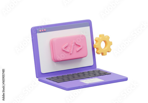 3d illustration of a purple laptop displaying a pink code symbol and a gear icon, signifying software development and it services, isolated on transparent background