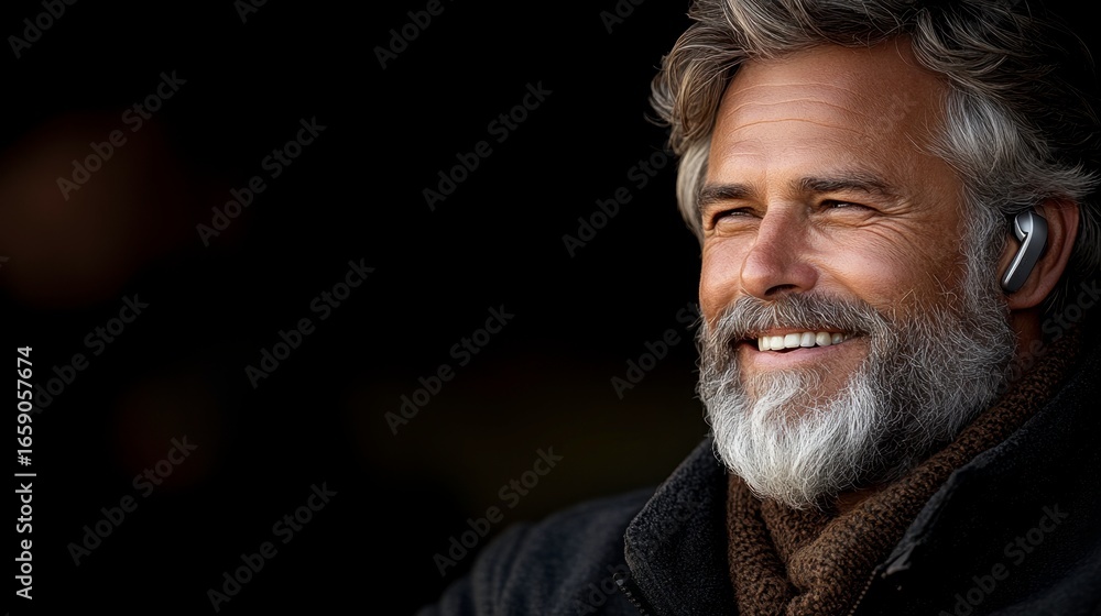 Obraz premium Smiling Older Man with Beard and Earbuds in Dark Background