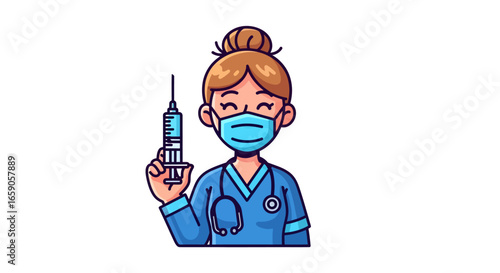 Cute Cartoon Female Doctor Holding Syringe Ready to Give Injection Illustration