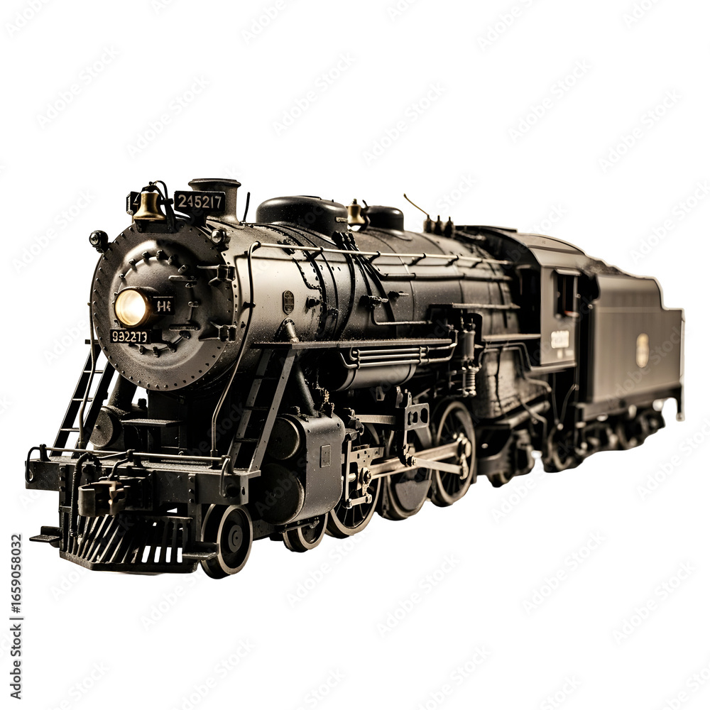 Naklejka premium Intricately detailed miniature model of a classic black steam locomotive, showcasing vintage engineering and historical design with a bright, illuminated headlight.