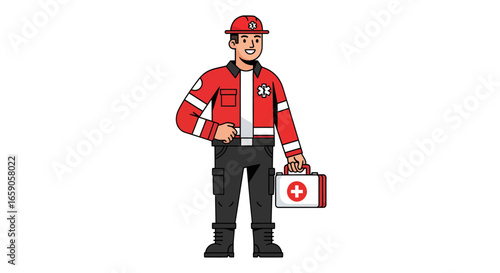 Flat Style Full Body Paramedic Holding First Aid Kit Illustration