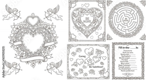Intricate Valentine's Day Heart Design with Cupids and Romantic Puzzle Elements in Black and White