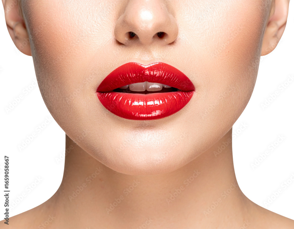 Obraz premium Close-Up of Glossy Red Lips with Lip Gloss Shine, Isolated on Transparent Background PNG