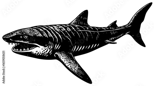 Basking shark gliding gracefully under the sea surface, head angled slightly upward with jaws wide open to capture microscopic plankton