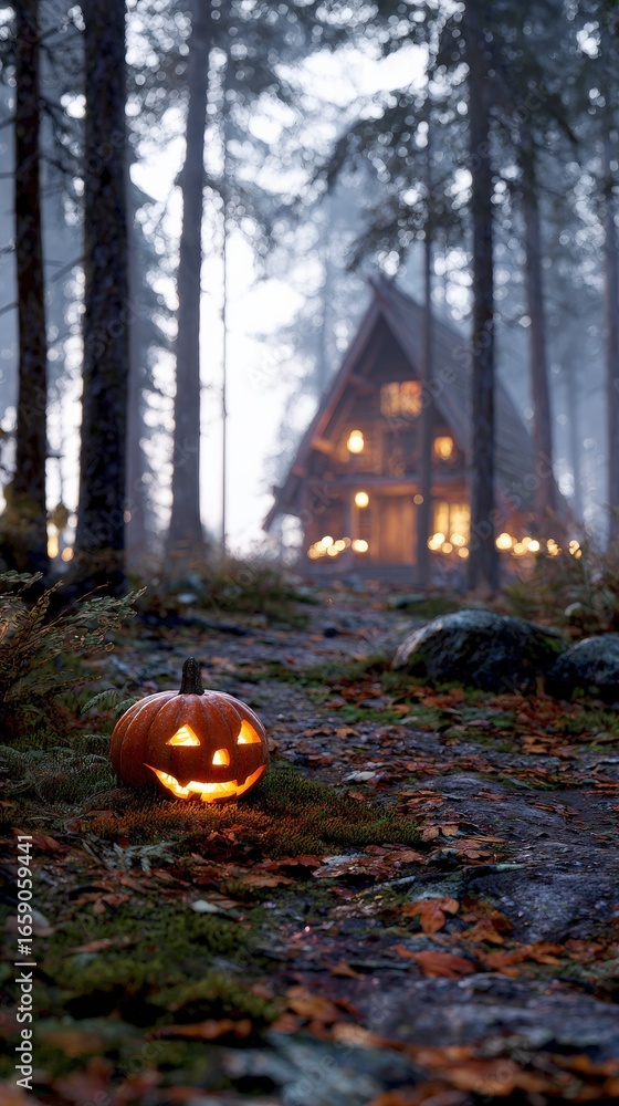 custom made wallpaper toronto digitalGlowing Halloween Jack-o’-Lantern on moss with autumn leaves, foggy pine forest cabin background, cinematic spooky mood