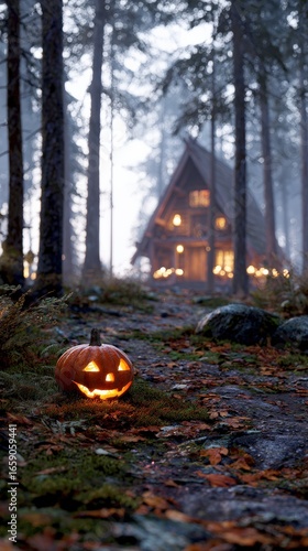 Wallpaper Mural Glowing Halloween Jack-o’-Lantern on moss with autumn leaves, foggy pine forest cabin background, cinematic spooky mood Torontodigital.ca