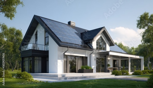 Wallpaper Mural Modern house with solar panels sits nestled among lush green trees under a clear blue sky, showcasing sustainable living and architectural beauty in a serene setting. Torontodigital.ca