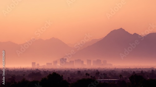 Wallpaper Mural Hazy Cityscape Silhouette at Sunset with Misty Mountains and Warm Pastel Sky Torontodigital.ca