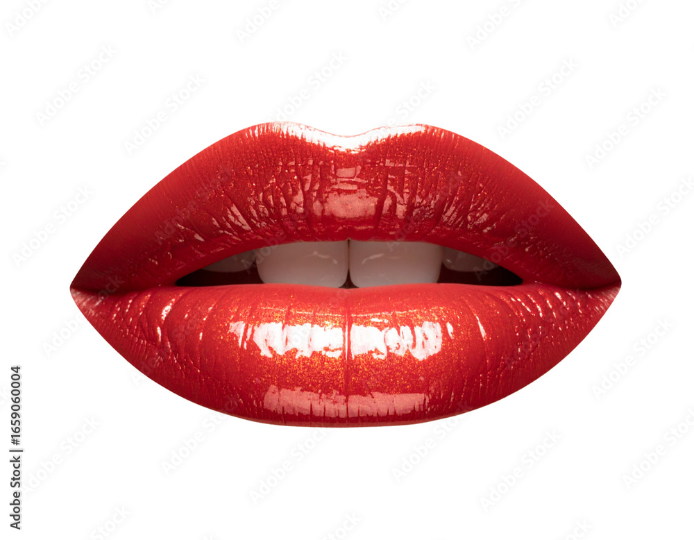 Obraz premium Cosmetic Lip Gloss Mockup, Red Shade on Lips, Transparent Background PNG