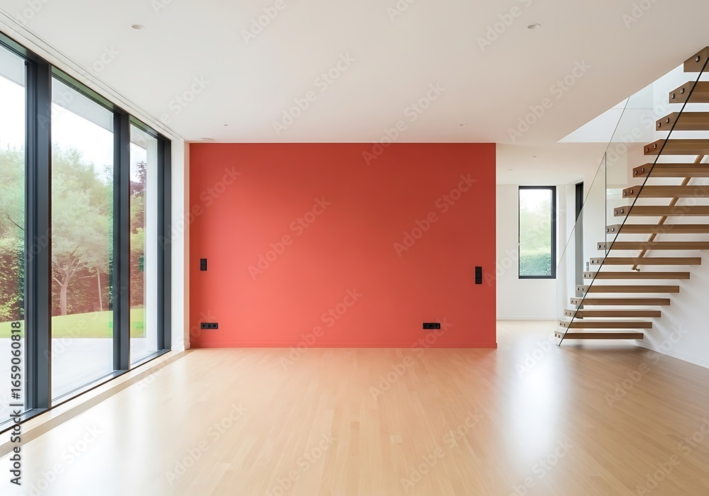 Obraz premium Modern interior with a striking coral accent wall and a sleek wooden staircase