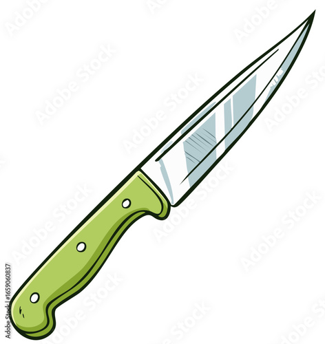 Sharp kitchen paring knife with a green handle in a simple cartoon style