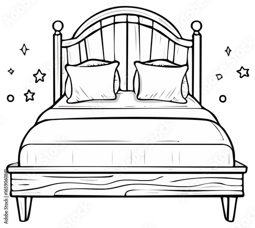 Black and white cartoon bed with pillows, cozy bedding, and dreamy floating stars