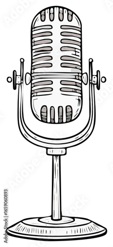 Retro microphone on stand, classic design, hand-drawn illustration.