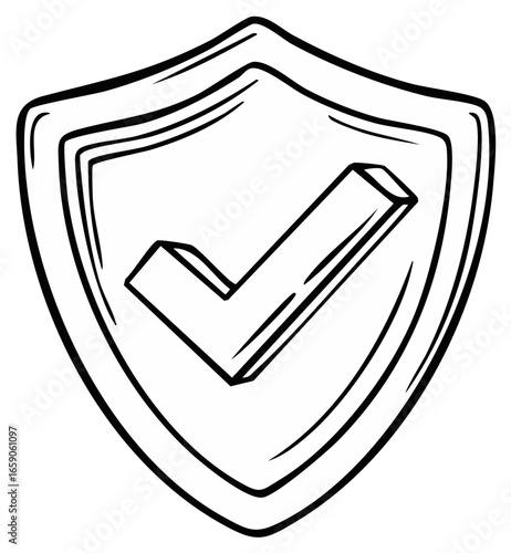 Hand drawn outline shield with checkmark icon for security and verification concept