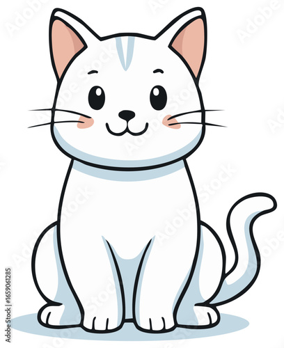 Cute cartoon illustration of a happy white cat sitting. Adorable kitten character with a friendly smile.