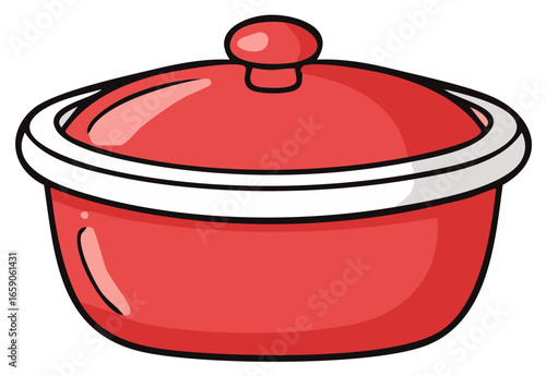 Cartoon Red Cooking Pot with Lid and White Rim, Kitchenware Illustration