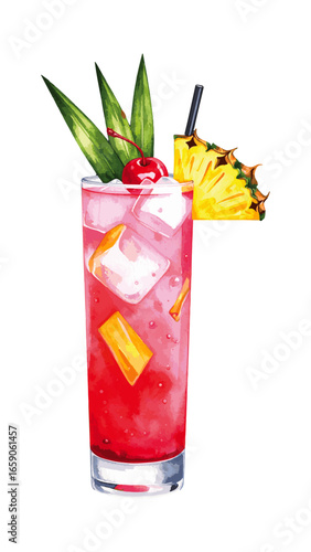 Watercolor Illustration of Singapore Sling Cocktail – Classic Tropical Drink Artwork