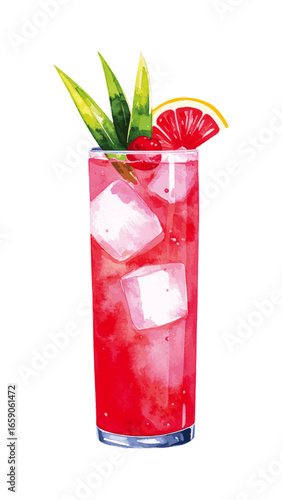 Watercolor Illustration of Singapore Sling Cocktail – Classic Tropical Drink Artwork