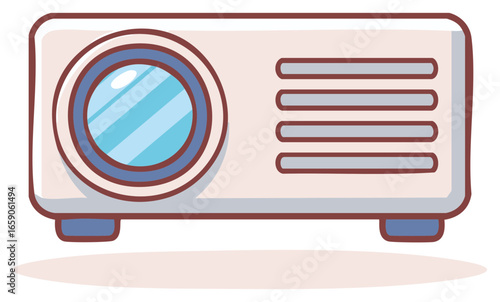 Cartoon projector with blue lens and gray vents for presentations