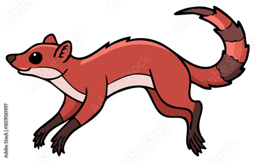 Cartoon illustration of a weasel leaping with a striped tail and red fur