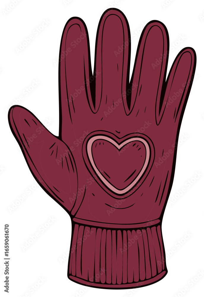 Obraz premium Single maroon winter glove with a heart design on a white background, hand drawn illustration