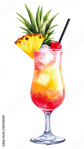 Watercolor Illustration of Singapore Sling Cocktail – Classic Tropical Drink Artwork