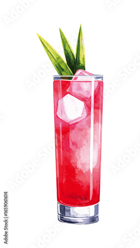 Watercolor Illustration of Singapore Sling Cocktail – Classic Tropical Drink Artwork