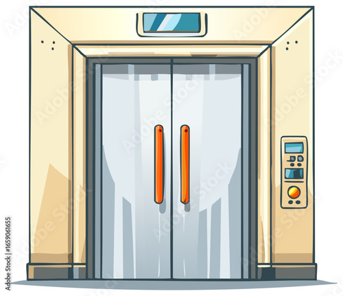 Cartoon style illustration of closed modern elevator doors with orange handles and a control panel