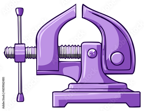 Purple bench vise illustration for woodworking and metalworking projects, tool cartoon clip art.