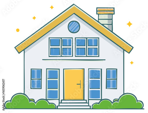 Cute cartoon illustration of a new two story suburban family home with a chimney