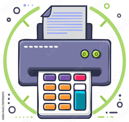 Cartoon printer illustration with documents and buttons