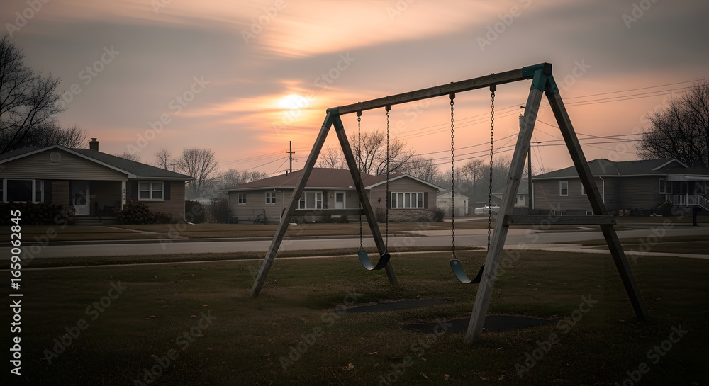 Fototapeta premium Empty Swing Set at Sunset in a Hazy Neighborhood