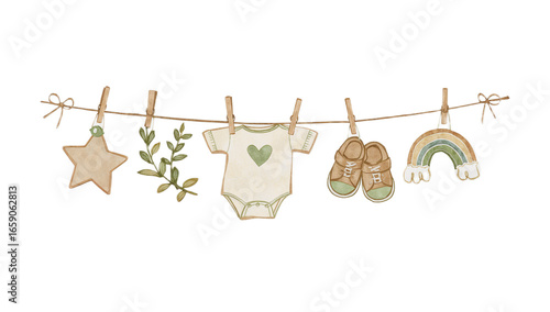 Watercolor illustration of baby clothes, star, rainbow and leaves hanging on a clothesline with clothespins.