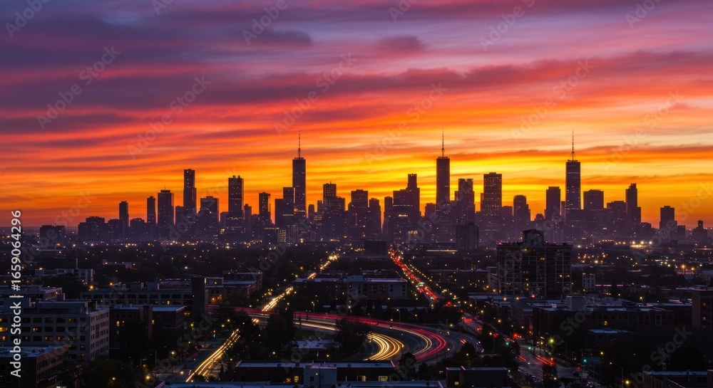 Fototapeta premium Chicago's Fiery Sunset: A Vibrant Skyline Silhouette Above Flowing Ribbons of Light