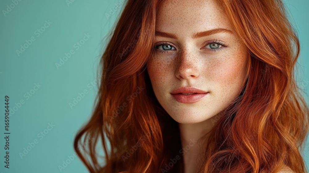 Fototapeta premium A woman with red hair and freckles, wearing a white top, against a blue background.