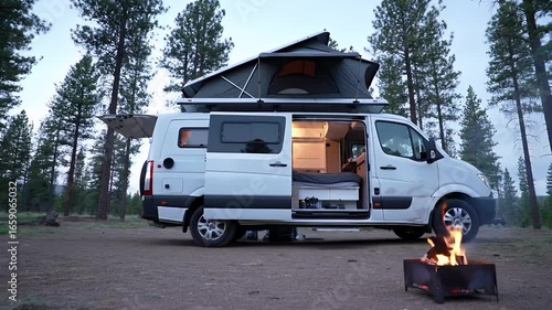 White Camper Van with Open Door and Rooftop Tent in Forest Setting with Campfire at Twilight