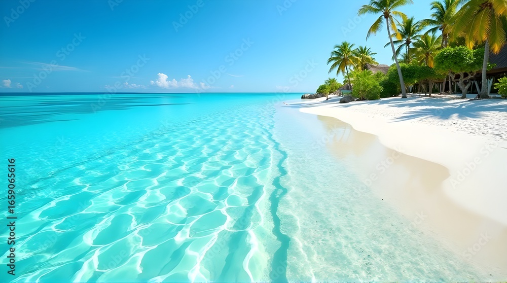 Fototapeta premium Dreamy tropical beach escape with turquoise water and swaying palms for ultimate relaxation and vacation vibes