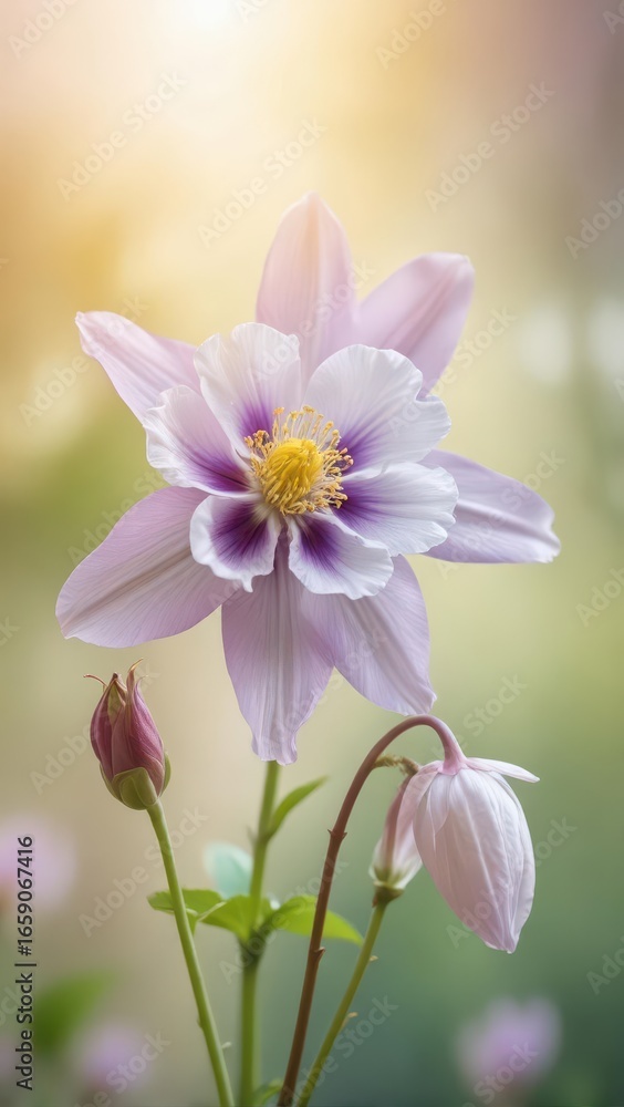 Fototapeta premium Closeup of Beautiful Pastel Purple and White Columbine Flower with Buds in Soft Light