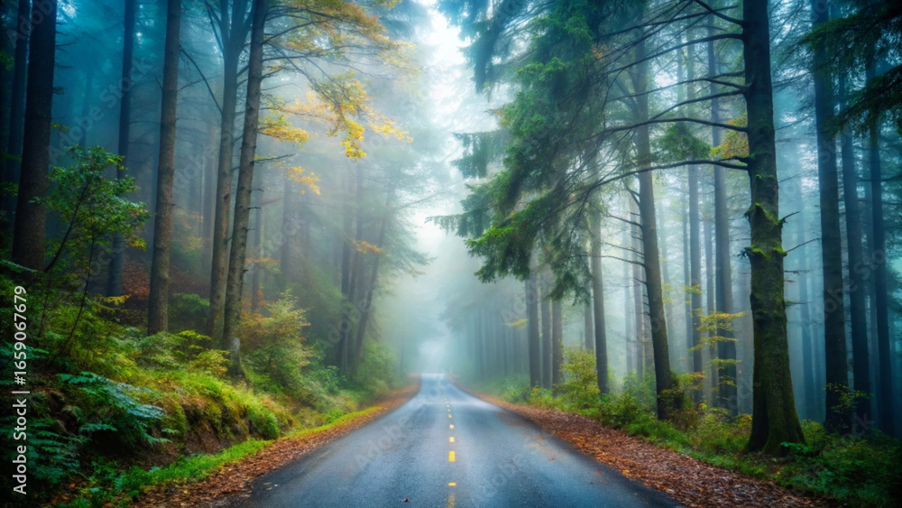 Fototapeta premium A scenic road through a misty forest with tall trees and greenery
