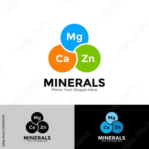chemistry vector logo featuring Magnesium, Calcium, and Zinc symbols. Ideal for supplement brand, wellness, or healthy product labels