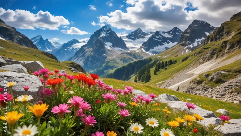 Fototapeta premium Alpine flowers in full bloom amidst rocky mountain landscape