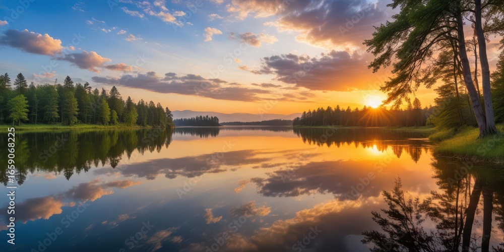 Fototapeta premium Sunset over a tranquil lake in a serene forest