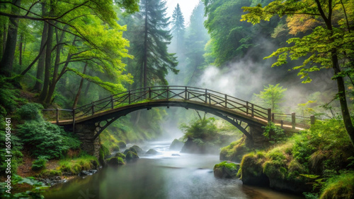 A small bridge over a river in a misty forest with green trees