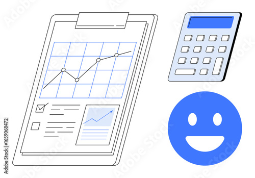 Chart on clipboard with data points, calculator, and blue smiling face. Ideal for finance, data analysis, business growth, calculation, performance tracking, feedback simple landing page