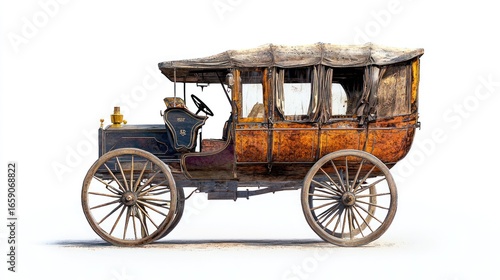 An old, rusted carriage with a wooden body and metal wheels, parked on a dirt road with a white background.