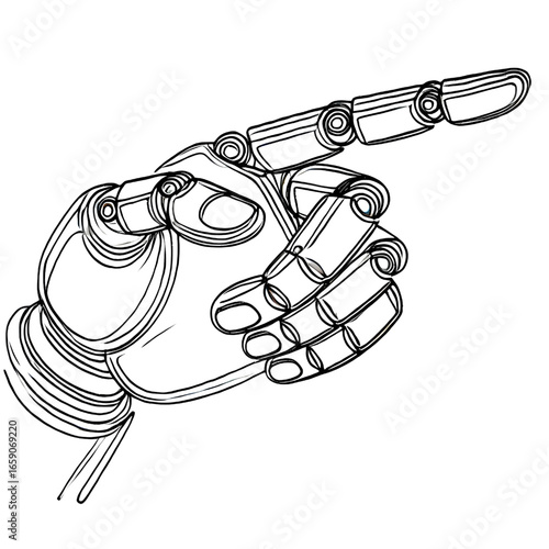 Drawing of a robot hand pointing, one continuous line, isolated on white background