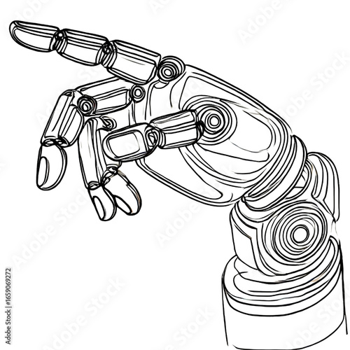 Drawing of a robot hand pointing, one continuous line, isolated on white background