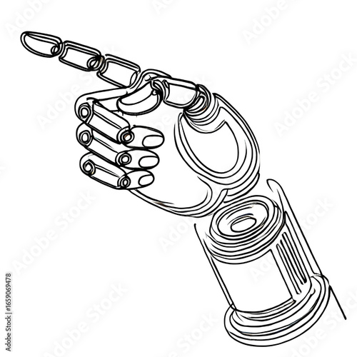 Drawing of a robot hand pointing, one continuous line, isolated on white background