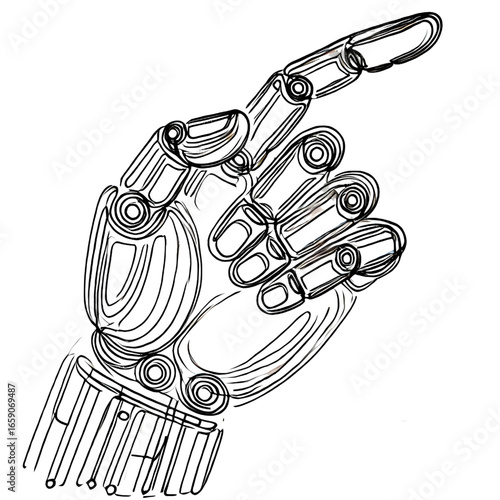 Drawing of a robot hand pointing, one continuous line, isolated on white background